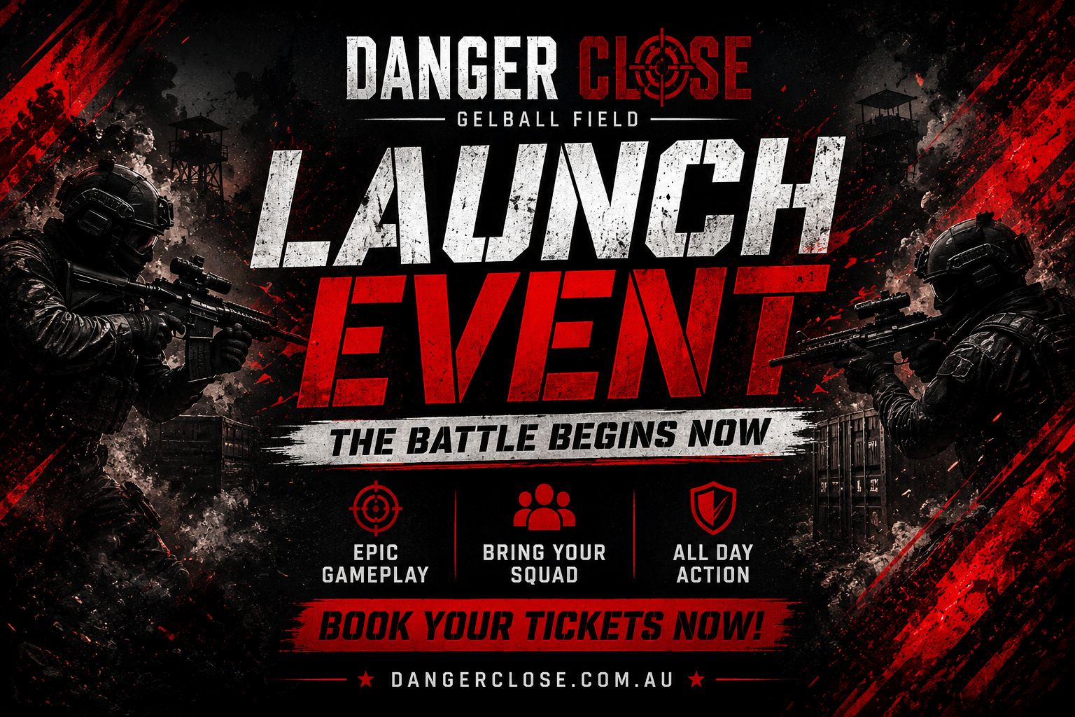 Promotional poster for a launch event with soldiers and text on a dark background